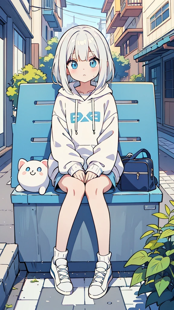 White hair, Blue eyes, girl, bob, front, whole body,White hoodie, Gray shorts,White and blue shoes,(((Anime style))),cute,sitting on a street corner,Sit in the water,