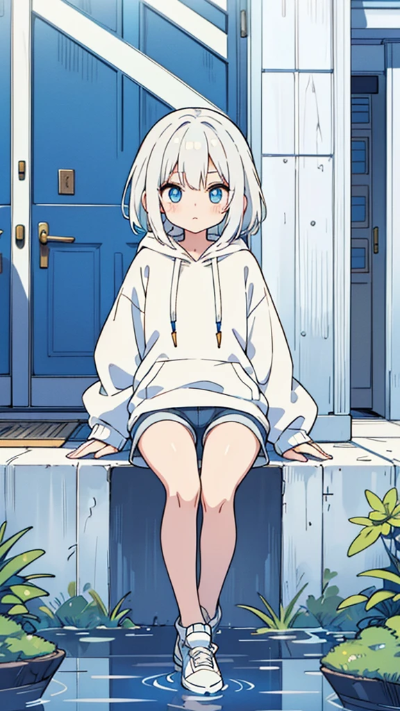 White hair, Blue eyes, girl, bob, front, whole body,White hoodie, Gray shorts,White and blue shoes,(((Anime style))),cute,sitting on a street corner,Sit in the water,