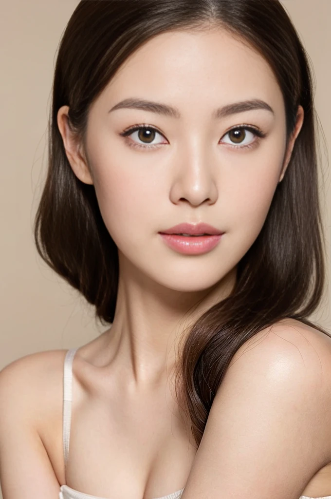 Create a (( mid-shot )) photorealistic image of a beautiful Asian woman with fair, smooth, flawless skin. She has large, round, sparkling eyes with naturally long and curled eyelashes, and well-defined, dark eyebrows. Her nose is straight and high, and her naturally pink, soft lips form a gentle smile. She has short, slightly curled brown hair that highlights her delicate facial features. Her face is oval-shaped, with a wide and high forehead, moderately high cheekbones, and a pointed, slender chin. She is wearing a white bra that complements her elegant and feminine appearance. (( waist to top))