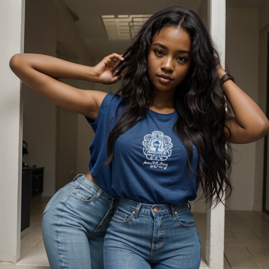 masterpiece, best quality, 1 girl, solo, beautiful African and sensual Asian mixed 19 year old, ebony skin female, wearing blue t-shirt, bell bottom jeans, long, frizzy, curly dark hair, perfect face, long hair