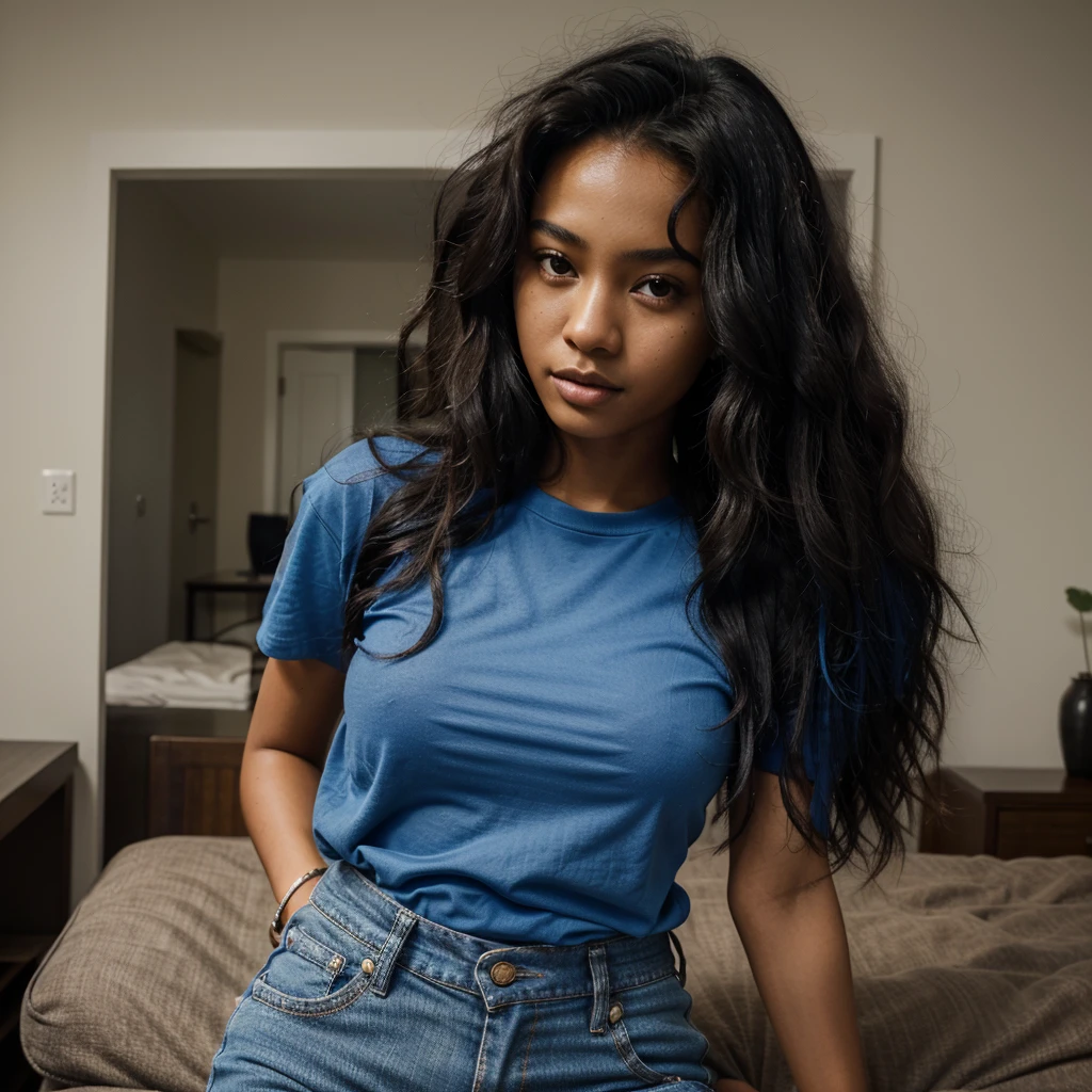 masterpiece, best quality, 1 girl, solo, beautiful African and sensual Asian mixed 19 year old, ebony skin female, wearing blue t-shirt, bell bottom jeans, long, frizzy, curly dark hair, perfect face, long hair
