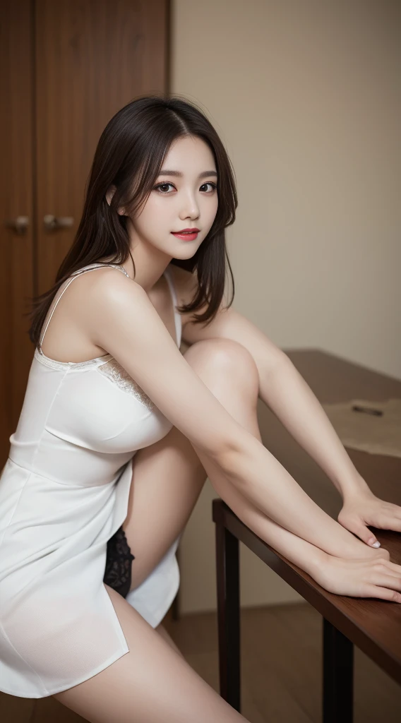 tabletop, best qualityer, illustration, ultra detali, fine-details, high resolution, 8 k wallpaper, perfect dynamic composition, beautiful detailed eyes,white dress shirt, Black Skirt, lingerie style clothing, sexly,Natural color lips,, pretty legs, pose sexly, ssmile, de 25 anos,