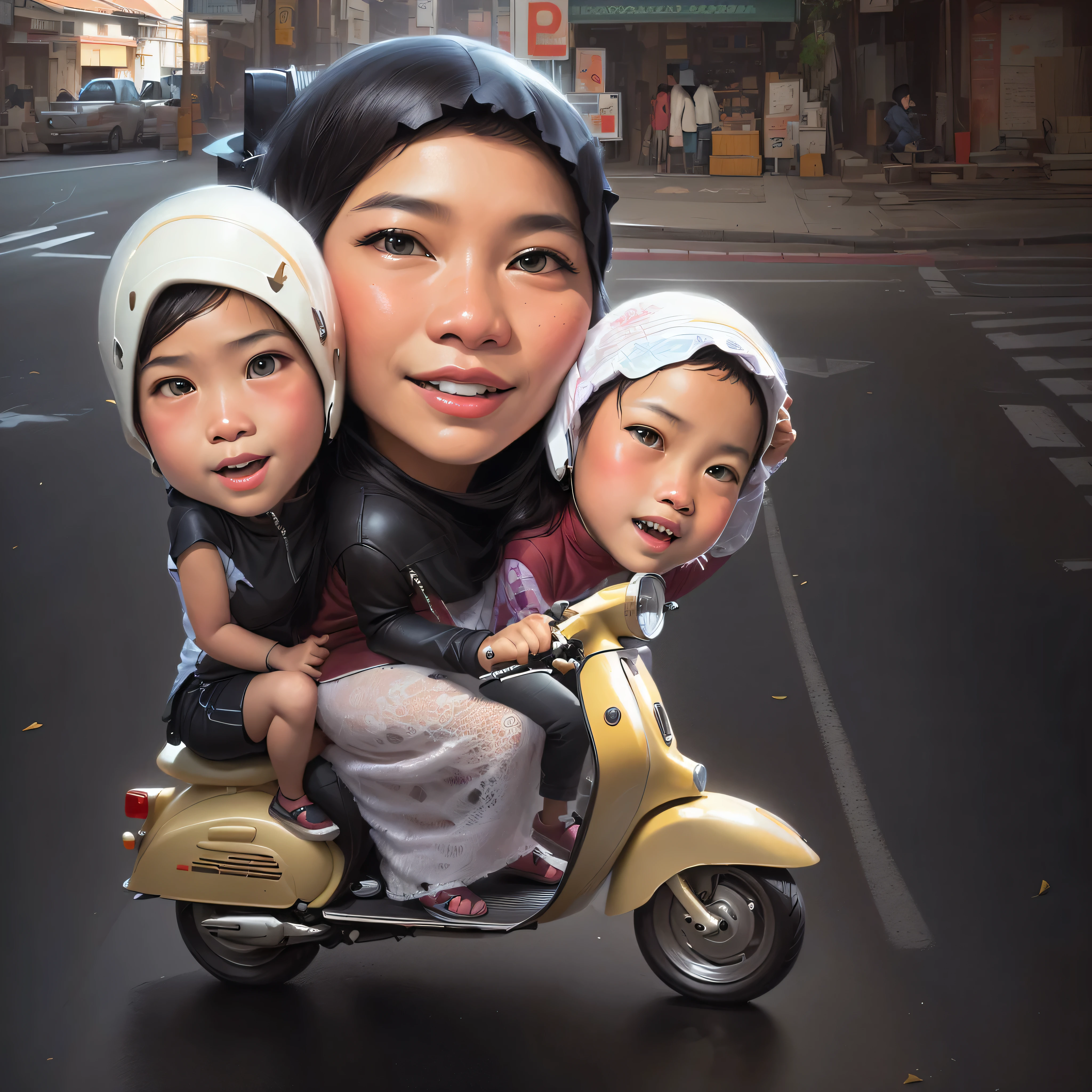 there is a woman riding a scooter with two children on it, by Abidin Dino, an indonesian family portrait, realism artstyle, caricature illustration, cartoon digital painting, potrait, cartoon digital art, digital art cartoon, realism art, caricature style, digital cartoon painting art, inspired by JoWOnder, inspired by Rudy Siswanto, photorealistic!!!!!!! art style