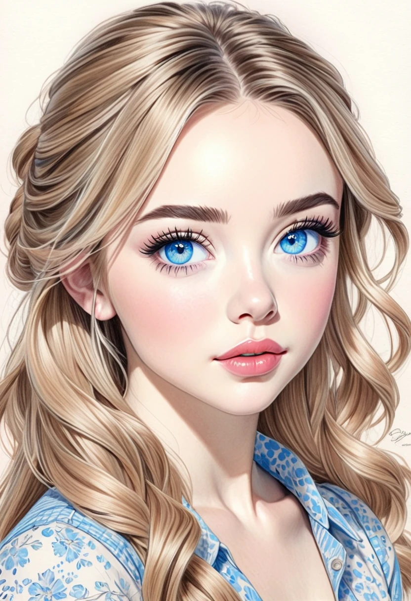 A colored pencil sketch of a beautiful swedish farm wife. crystal blue eyes. rosy complexion. full lips. Sabrina Carpenter