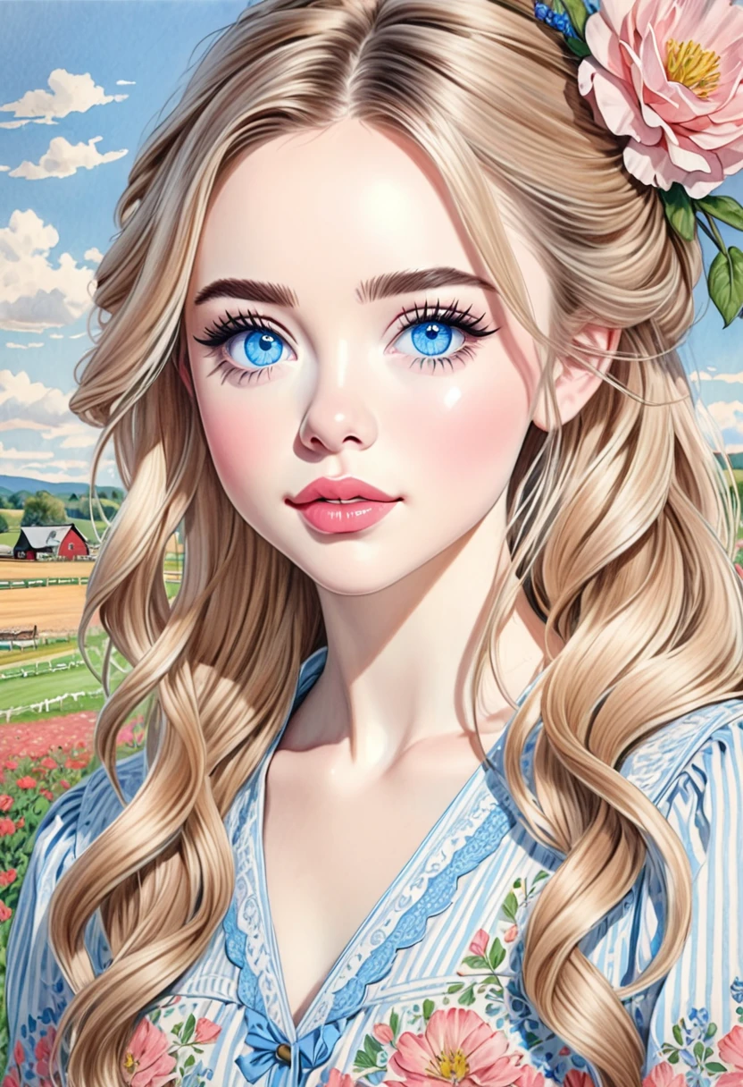 A colored pencil sketch of a beautiful swedish farm wife. crystal blue eyes. rosy complexion. full lips. Sabrina Carpenter