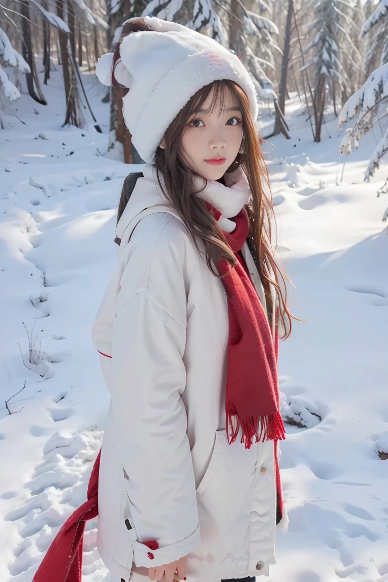 A beautiful girl,long hair slightly curly,Wearing a white cotton jacket,Wearing a red plush hat,wearing red scarf,standing in the snow,There are pine forests on both sides of the snow field,In the distance is the house,medium shot,best quality, masterpiece, ultra high resolution