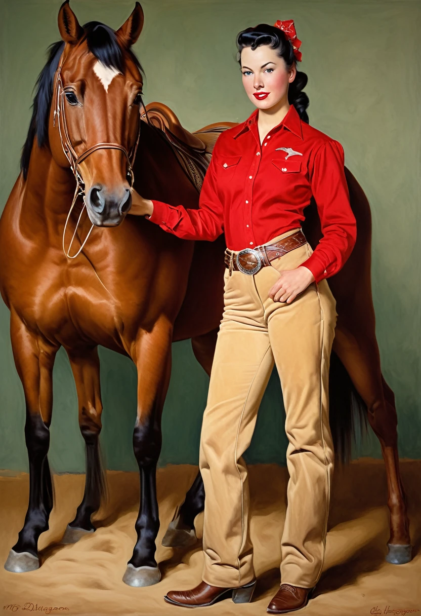 painting of a woman in a red shirt and tan pants standing next to a horse, western painting, western art, ( art fitzpatrick ), gil elvgren style, inspired by James Montgomery Flagg, artgerm and gil elvgren, american velvet painting, western cowgirl, by Leona Wood, by Roy Dalgarno, gill elvgren