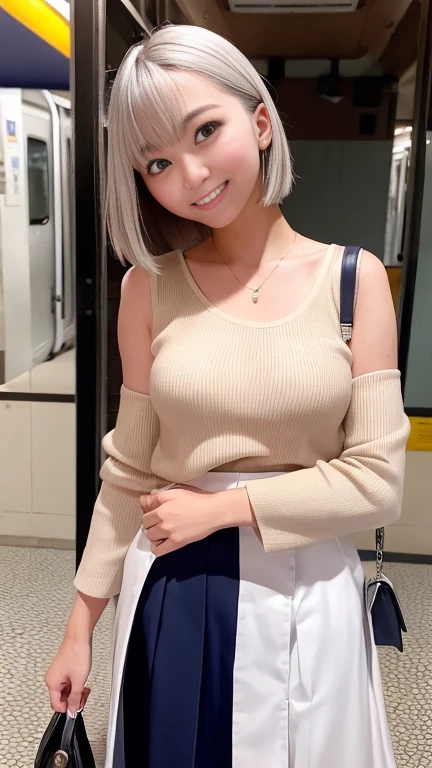 Female college student、Commuting to school、Tight mini skirt with slit、Sleeveless tank top、Inside the train、Look at your smartphone、Are standing、1 girl、Bob Hair、Silver Hair、Medium breast、Smile and stare、Highest quality、masterpiece:1.3、Raw photo、Carry your bag diagonally across your shoulder、Paisura:1.3、I can see your belly button