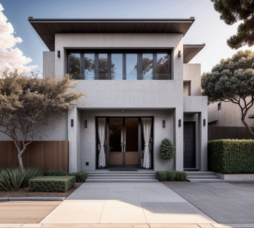 CRU photo,work of art, high qualiy, best qualityer, authentic, super detaill, plein-air, (((front-facing))), villa seen from the front, vista front-facing, single storey villaXL, aiai group, modern house style on the street, front house, visão front-facing, entrada com gramdo, elegant and minimalist facade, pavement, gram, Trees, sky, nube, (Day Light:1.1)