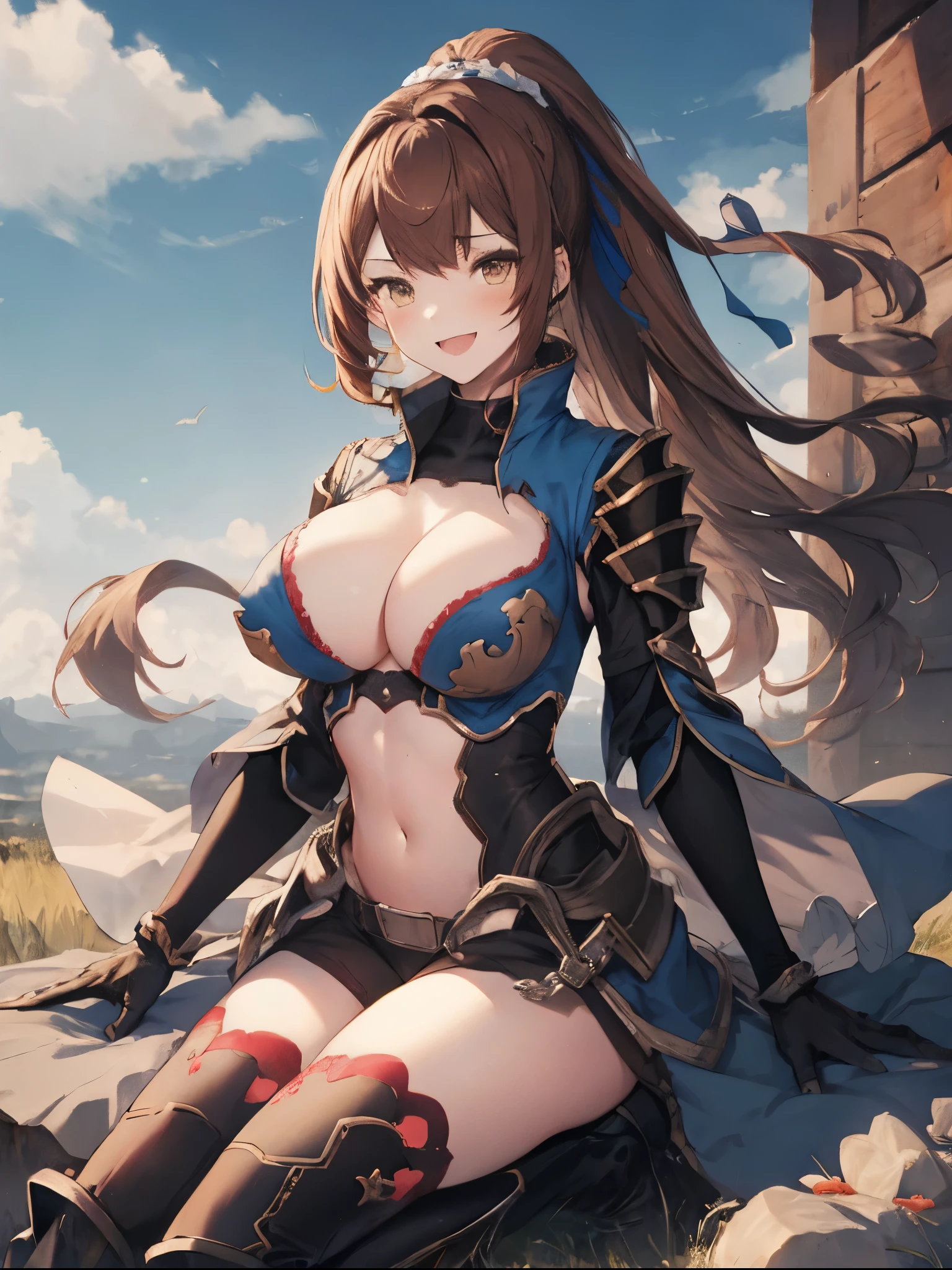 masterpiece, best quality, 1teen_girl,def,beatrix, ponytail, hair ribbon, gauntlets, blue shirt, gloves, cleavage cutout, looking at viewer, big_smile, large breasts, sky_landscape_background ,,happy,covered_nipples,young_,full_of_beans,,laugh,blush,open_mouth,thigh-highs, glower,open_legs,rise_knee,(angry:0.8)