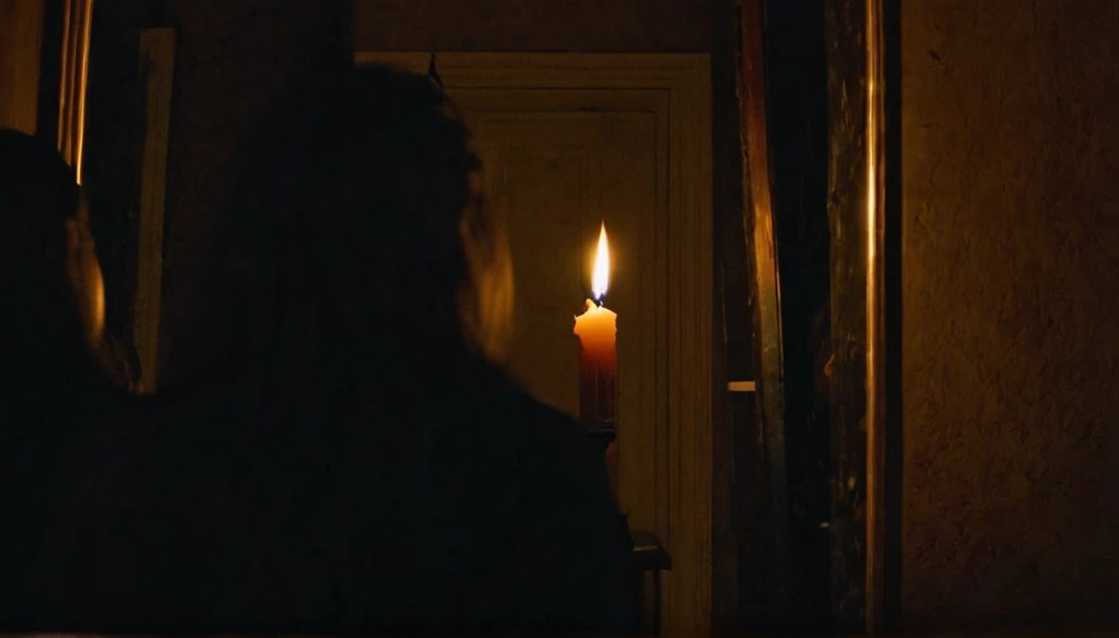 A dark room. A person is standing in front of a mirror. The person is holding a burning candle. 