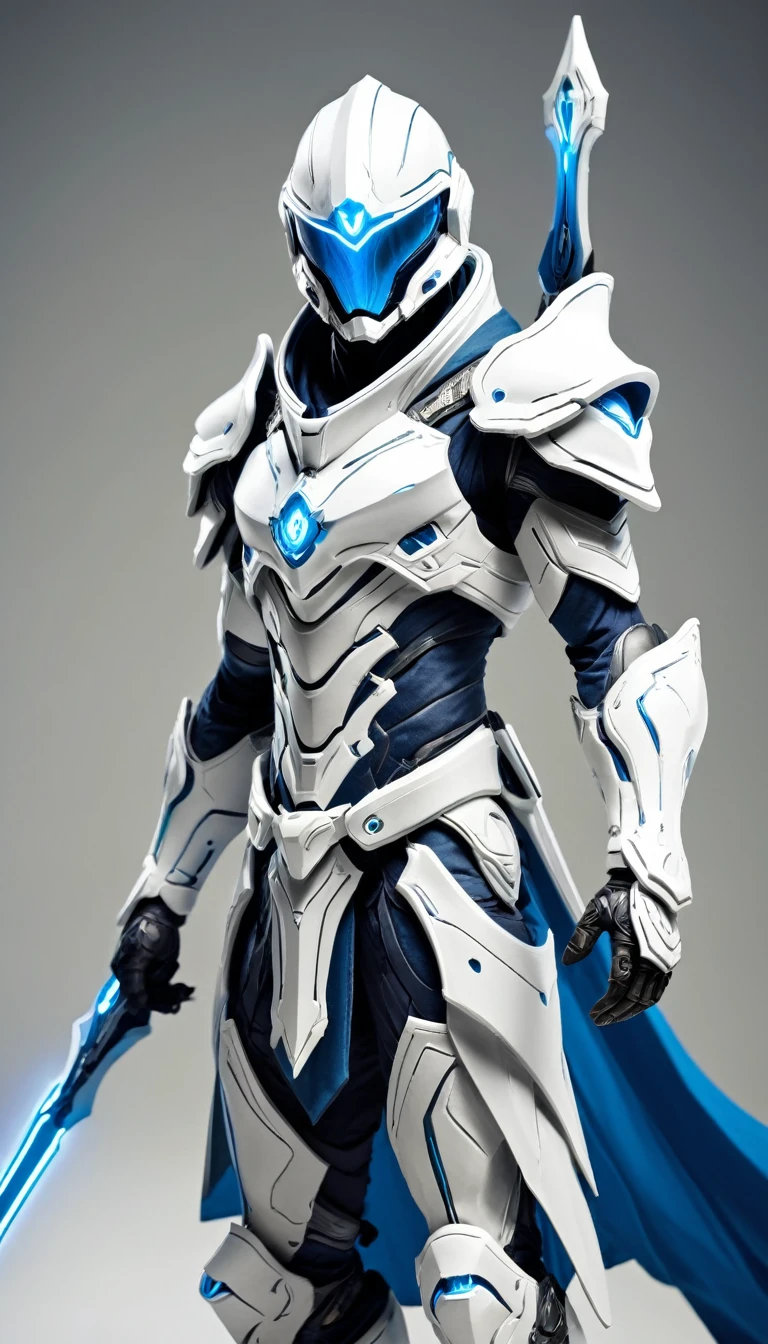 Masterpieces, White Knight, Commercial style shot, (Battle Priest in a warframe and halo style armor with a long bow), (white blue and silver color scheme), (white hood and cape), (action shot: drawing bow), (quiver on back), white and blue tabard (solid color background), centered, full body shot, (dynamic action stance pose), sci-fi knight, Halo master chief, vibrant colors, visible figure joints, cinematic shot, volumetric lighting, intricate pattern detail, highly detailed