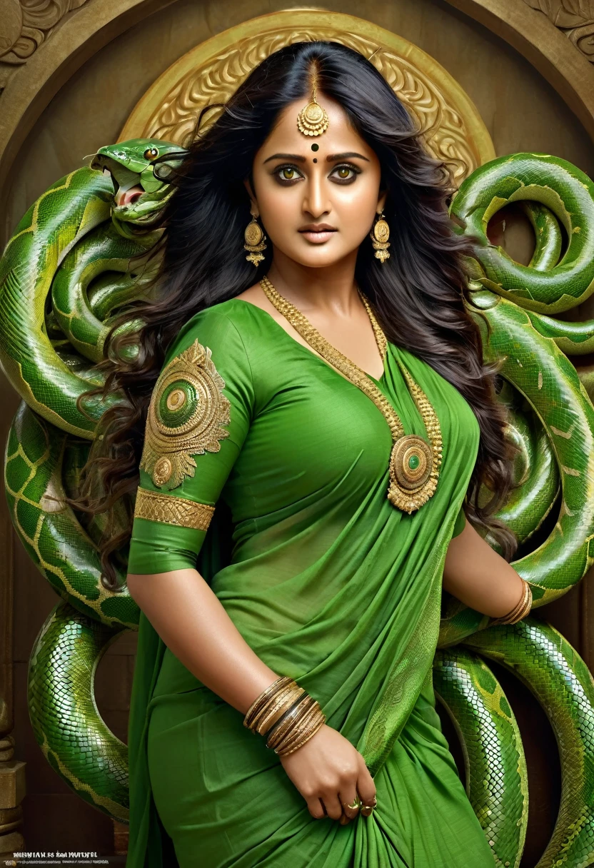 40yo mature MILF Anushka Shetty,((best quality)), ((masterpiece)), ((realistic)), Medusa, full body, the hair composed of countless small snakes, green eyes, female face,metal carved top, royal aura, trend on artstation , sharp focus, studio photo, intricate detail, very detailed, detailed eye, illustration, very detailed, sharp focus, digital render, professional, 4k
