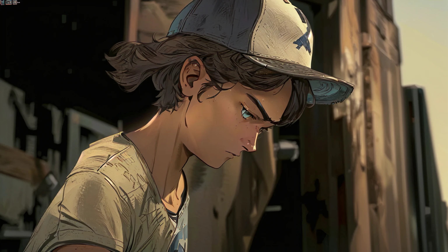 arafed young man in a baseball cap looking down at his cell phone, telltale games style, video game cutscene, telltale style, hd screenshot, super realistic”, ultra realistic ”, ultra realistic”, hd remaster, character close up, uhd character details, wears a destroyed hat, in the walking dead, an ultra realistic, hq artwork, next gen