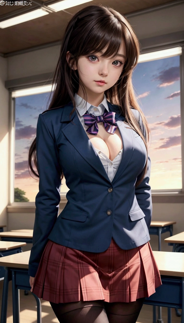 anime girl in  standing in front of a desk, beautiful anime high school girl, anime visual of a cute girl, realistic , an anime girl, a hyperrealistic , attractive anime girl, anime best girl, jk uniform, girl wearing uniform, magical school student uniform, anime girl, school girl, hyperrealistic , seductive anime girl, cleavage 