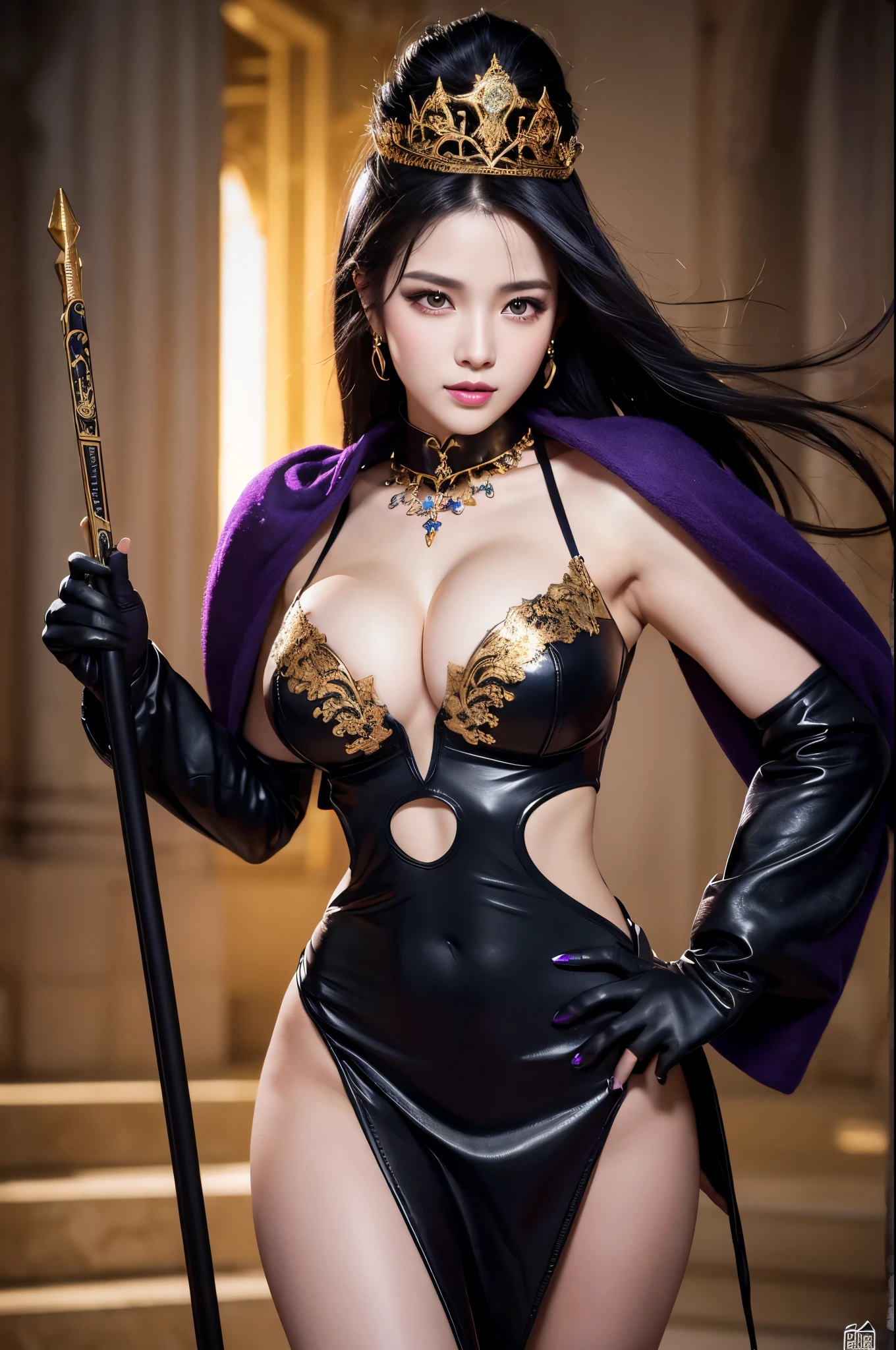 8k,Photorealistic RAW Photos Highest quality;1.4) (1 adult female) Super Beauty (A vivid face),Look at your face long blue-black hair The phantom empress with glowing purple eyes Black and silver aristocratic big breast look A black robe with a voice, Golden decoration Glare Big black and gold walking stick, Wearing black leather gloves Remains Gwaitz Style purple rouge Realistic Exact details,Beautiful expression Details of each part Ultra-high resolution 超Realistic Charm Instep Realistic Skin Fantasy Queen An inviting gaze Emphasize cleavage,Ultra-Realistic Skin,Compensate,masterpiece,Highest qualityのPhotorealisticなRAW Photos。Bright colors,Rich colors, Backlight, Cinema Lighting, Film Grain, 50mm lens, Nikon D850,Detailed character art,Fantasy art,Ultra-high resolution,Ultra-Realistic Skin,Perfect hand shape,Muscular Beauty,Dynamic fighting pose,