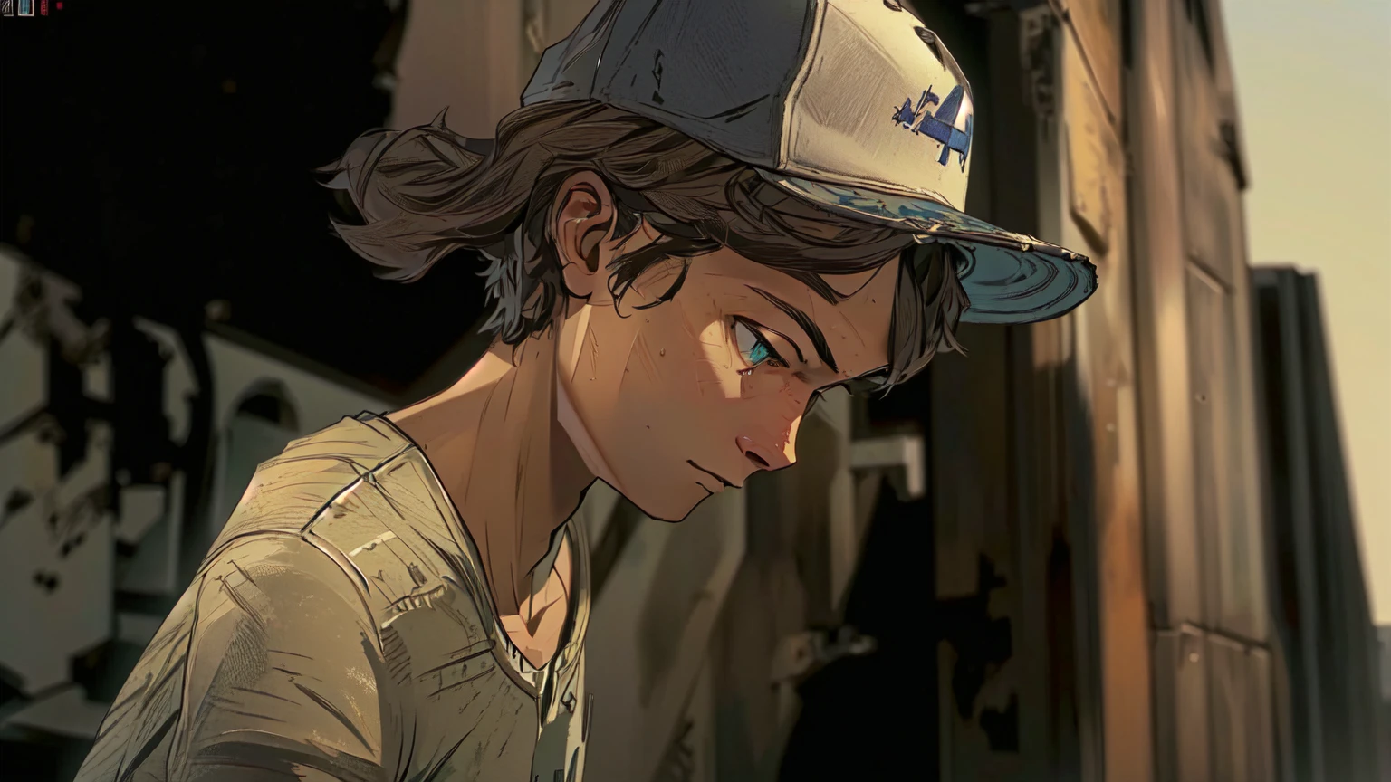 arafed young man in a baseball cap looking down at his cell phone, telltale games style, video game cutscene, telltale style, hd screenshot, super realistic”, ultra realistic ”, ultra realistic”, hd remaster, character close up, uhd character details, wears a destroyed hat, in the walking dead, an ultra realistic, hq artwork, next gen