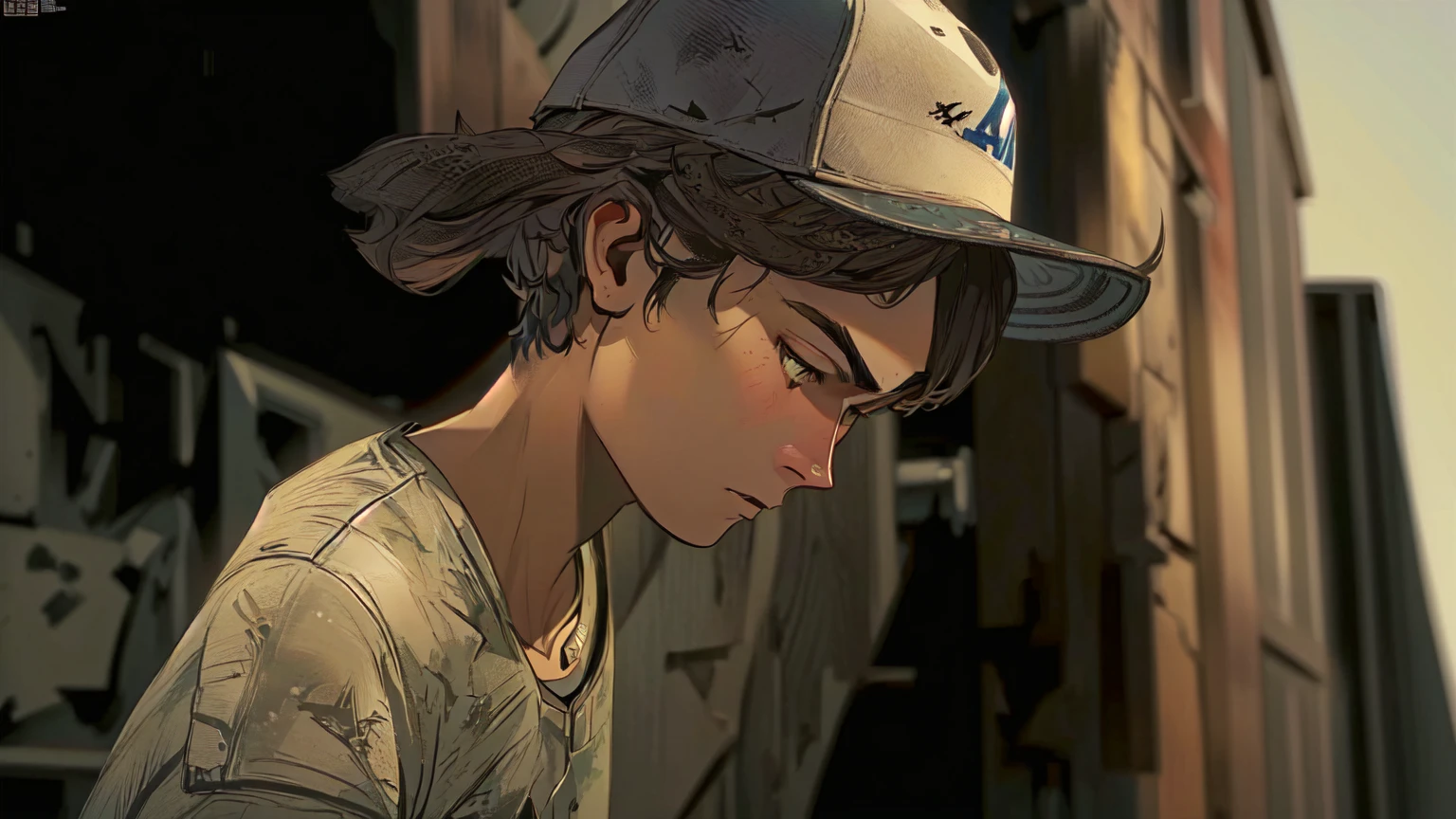 arafed young man in a baseball cap looking down at his cell phone, telltale games style, video game cutscene, telltale style, hd screenshot, super realistic”, ultra realistic ”, ultra realistic”, hd remaster, character close up, uhd character details, wears a destroyed hat, in the walking dead, an ultra realistic, hq artwork, next gen