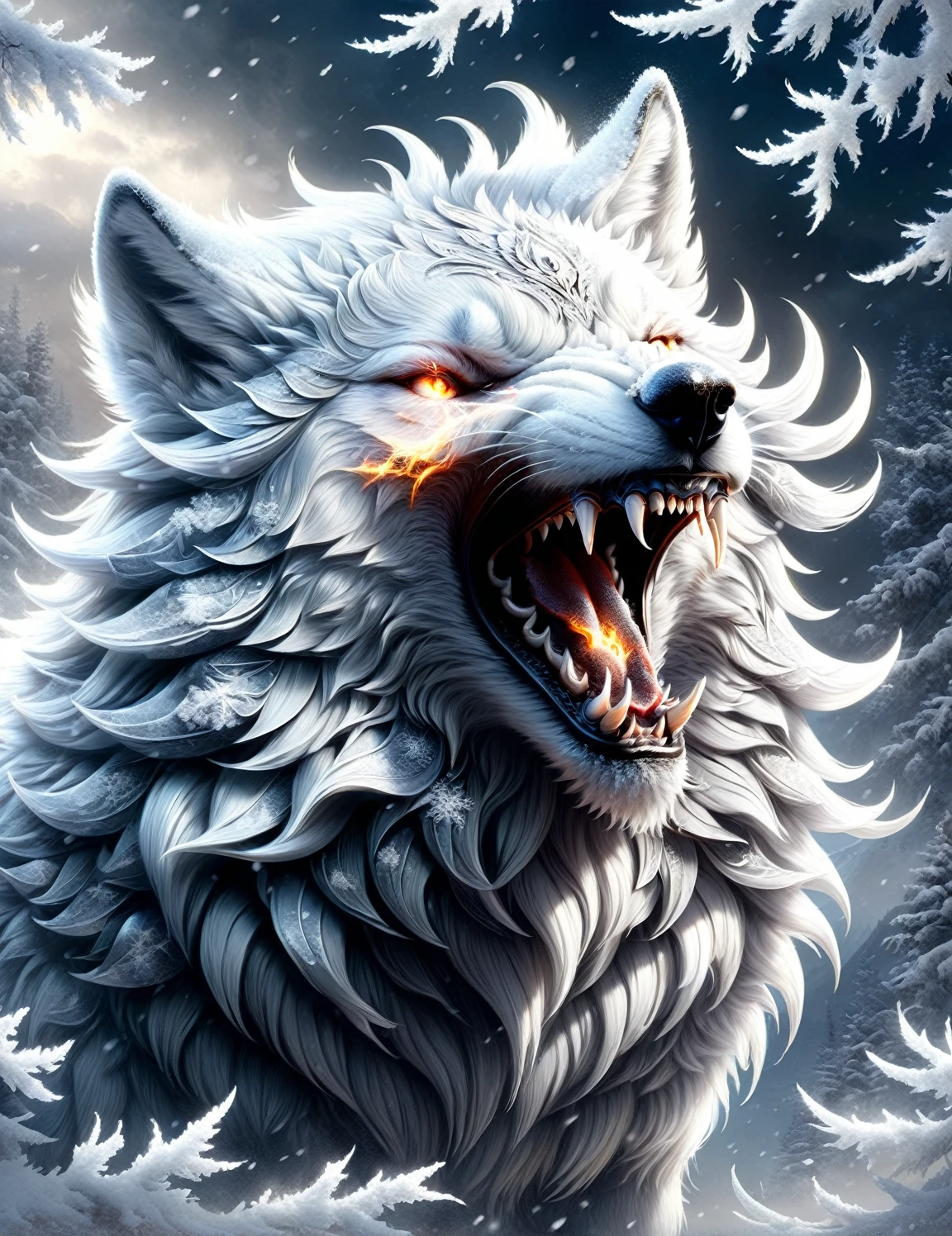 AntlerStyle, A powerful white wolf, angry expression, wearing an ornate leather collar, its eyes ablaze, nostrils flaring, mouth open, close-up, charges towards the viewer through a blizzard-filled landscape, fur whipped by the wind as it runs, creating an impressive display of snow flying around its fury form, highly detailed eyes, style of Wlop and Greg Rutkowski and Guweiz,