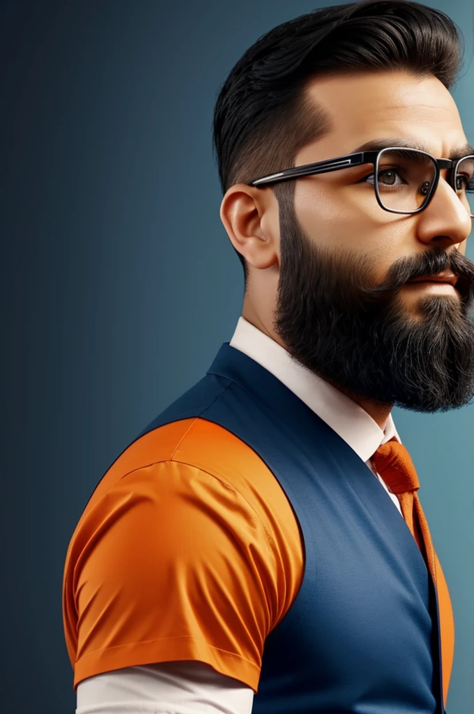 Electrical engineer man with short black hair combed back black eyes with glasses on his face half a beard, blue shirt wearing an orange vest, animated cartoon