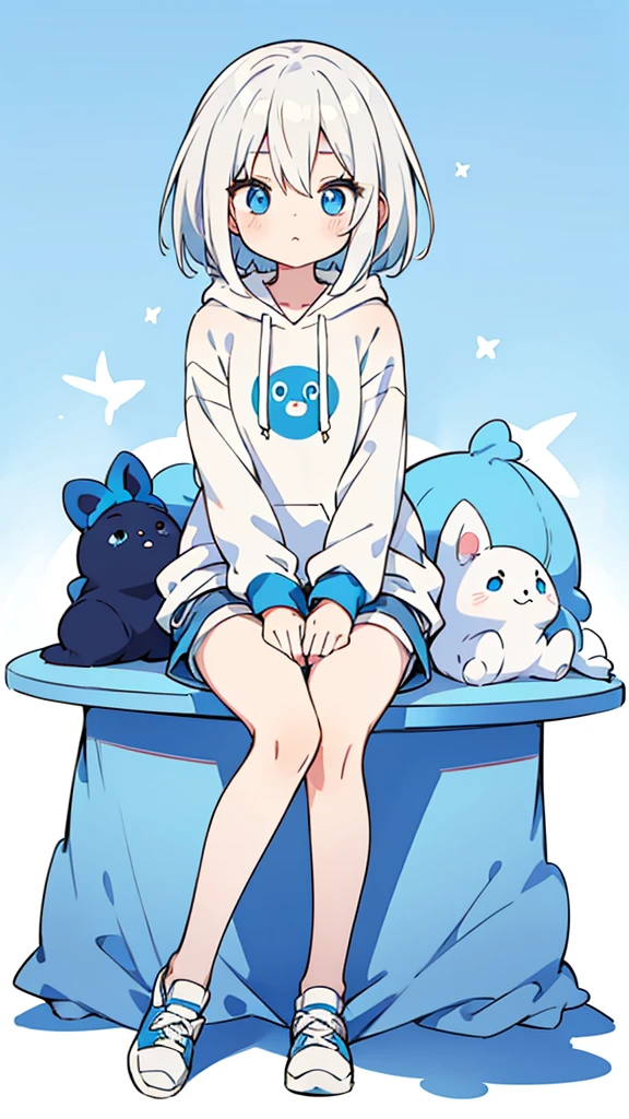 White hair, Blue eyes, girl, bob, front, whole body,White hoodie, Gray shorts,White and blue shoes,(((Anime style))),cute,Blue Background,Sitting