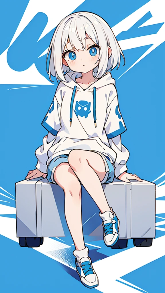 White hair, Blue eyes, girl, bob, front, whole body,White hoodie, Gray shorts,White and blue shoes,(((Anime style))),cute,Blue Background,Sitting