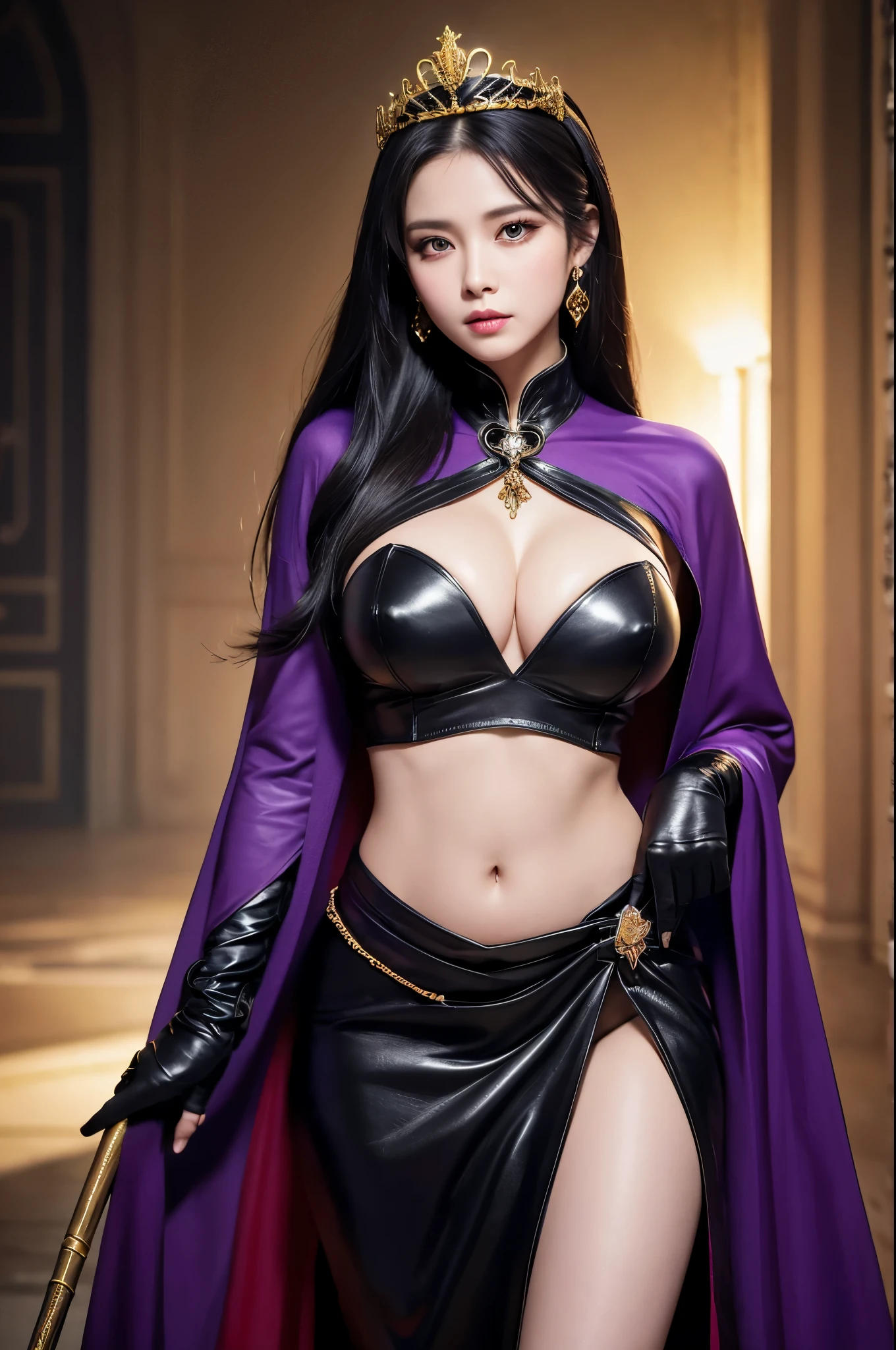 8k,Photorealistic RAW Photos Highest quality;1.4) (1 adult female) Super Beauty (A vivid face),Look at your face long blue-black hair The phantom empress with glowing purple eyes Black and silver aristocratic big breast look A black robe with a voice, Golden decoration Glare Big black and gold walking stick, Wearing black leather gloves Remains Gwaitz Style purple rouge Realistic Exact details,Beautiful expression Details of each part Ultra-high resolution 超Realistic Charm Instep Realistic Skin Fantasy Queen An inviting gaze Emphasize cleavage,Ultra-Realistic Skin,Compensate,masterpiece,Highest qualityのPhotorealisticなRAW Photos。Bright colors,Rich colors, Backlight, Cinema Lighting, Film Grain, 50mm lens, Nikon D850,Detailed character art,Fantasy art,Ultra-high resolution,Ultra-Realistic Skin,Perfect hand shape,Muscular Beauty,Dynamic fighting pose,
