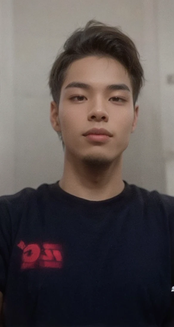 ((best quality)), (detailed), perfect face, 19-year-old man with a very attractive physique. He stands 180 cm tall, giving off a strong and dignified impression. His fair skin complements his clean and healthy appearance. His smile is incredibly beautiful, with neatly aligned teeth and symmetrical lips that mesmerize anyone who sees him. His hair is black, styled in a comma hair fashion featuring a curved bang resembling a comma, adding a modern and stylish flair to his look. Notably, there is a noticeable scar on the edge of his eyebrow if closely observed. 