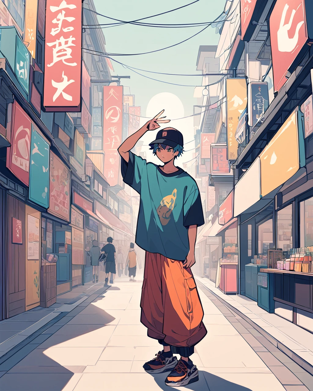 Create a detailed anime illustration of a boy with short hair standing in a vibrant, bustling urban street. He should be dressed in casual streetwear: a baseball cap, baggy pants, and a graphic t-shirt. The boy is holding up a peace sign with his right hand, his expression calm and slightly neutral. Use a two-tone pastel background to highlight the modern street scene, featuring various signs in Japanese, colorful storefronts, and a generally busy atmosphere.