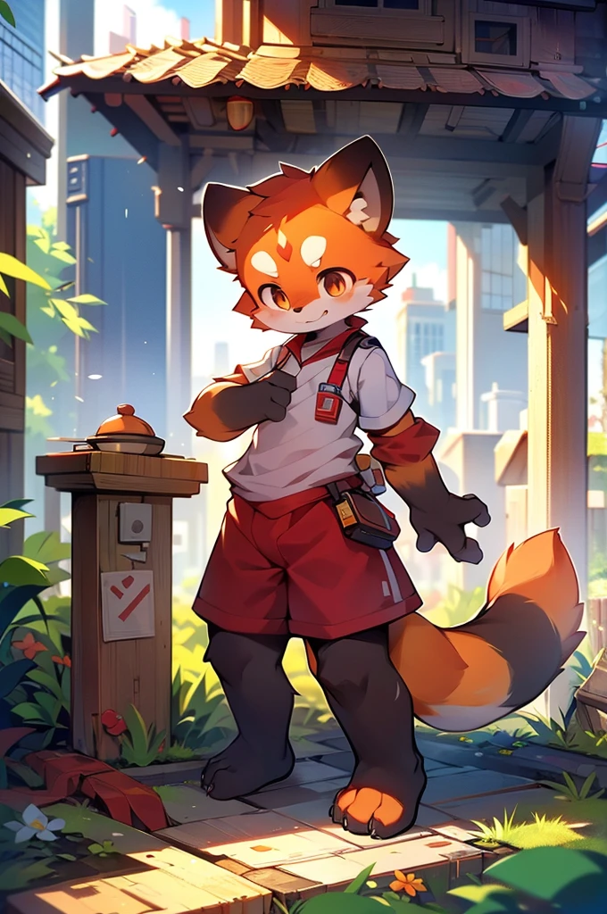 Red Panda Boy,8k resolution,Furry, Uniform attire,Red collar,feetは二つ,feetで立つ!towering,lanky,lanky,:slim body,:tall hands,feet,It's bright outside,Collapsed City,building,broken,・split arms,・bad anatomy,・bad body,