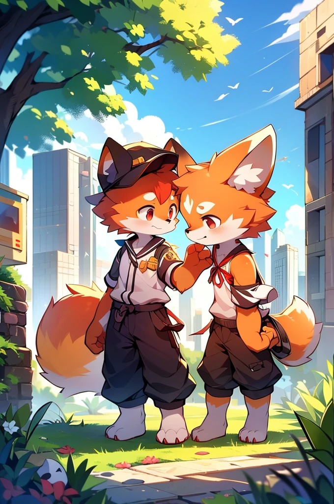 Red Panda Boy,8k resolution,Furry, Uniform attire,Red collar,feetは二つ,feetで立つ!towering,lanky,lanky,:slim body,:tall hands,feet,It's bright outside,Collapsed City,building,broken,・split arms,・bad anatomy,・bad body,