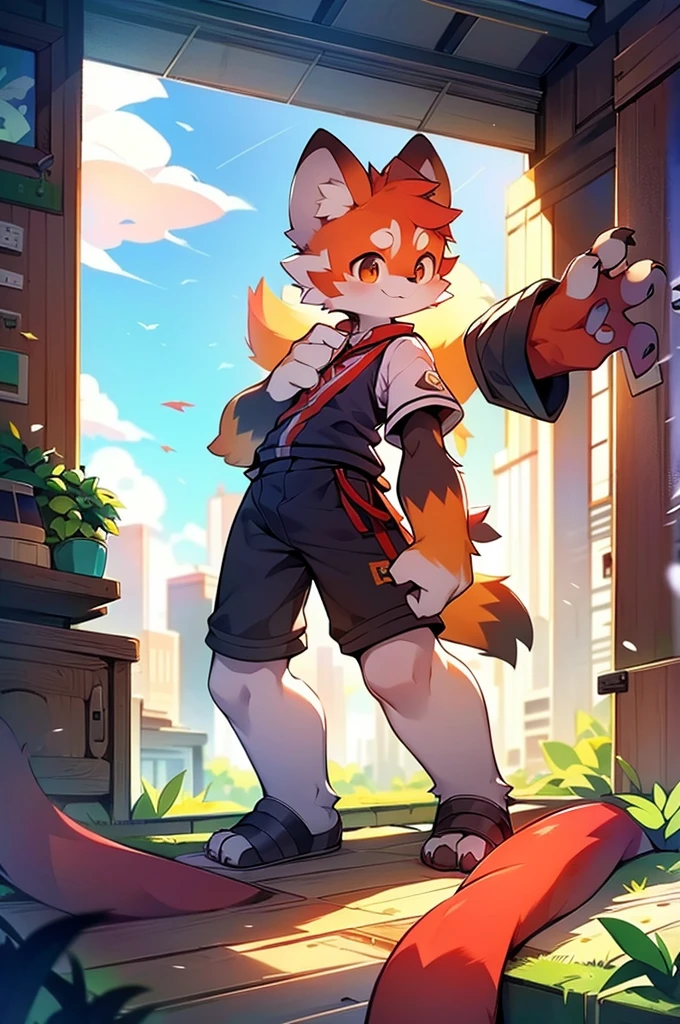 Red Panda Boy,8k resolution,Furry, Uniform attire,Red collar,feetは二つ,feetで立つ!towering,lanky,lanky,:slim body,:tall hands,feet,It's bright outside,Collapsed City,building,broken,・split arms,・bad anatomy,・bad body,