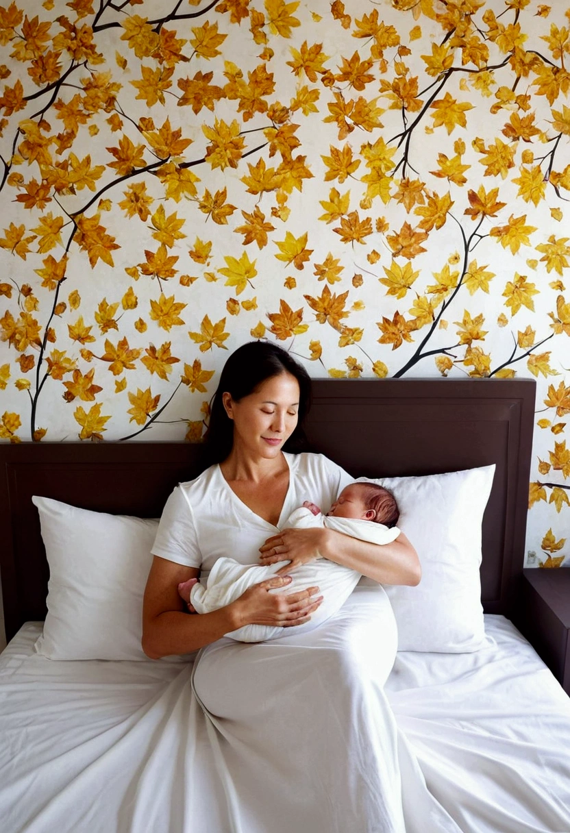 Mother holding sleeping baby,sleep well,Comfortable room,White sheets,Family photos hanging on the wall,Flower pattern on the wall,The sky is clear outside the window,You can see the leaves on the trees turning yellow in autumn.