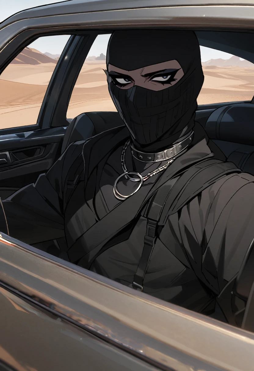 Male arab modern terrorist, terrorist, black balaclava, black bandage, black clothes, thin waist, skinny body, femboy, light skin, makeup, black eyeliner, big eyelashes, black eyeshadow, metal choker, light tanned skin, inside the car, desert, black jaket