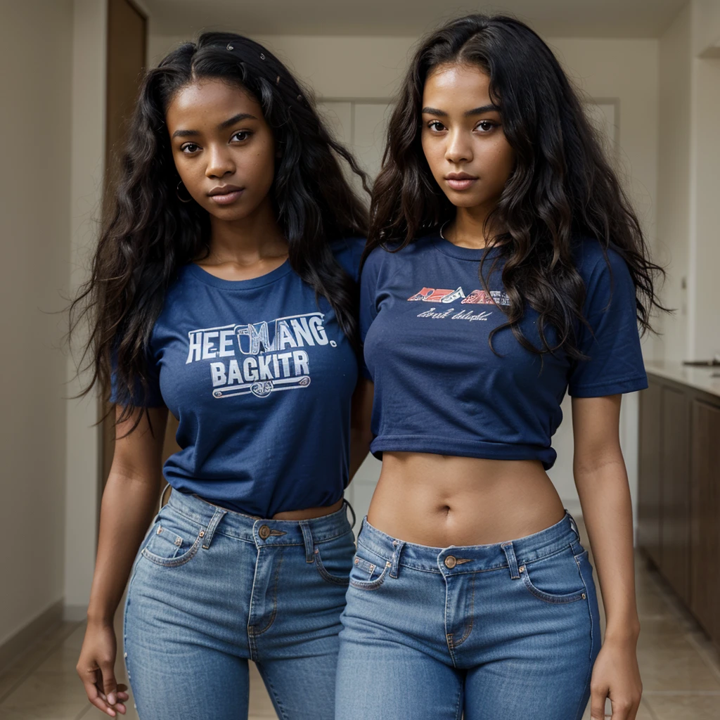 masterpiece, best quality, 1 girl, solo, beautiful African and sensual Asian mixed 19 year old, ebony skin female, wearing blue t-shirt, jeans, standing, long, frizzy, curly dark hair, perfect face, long hair