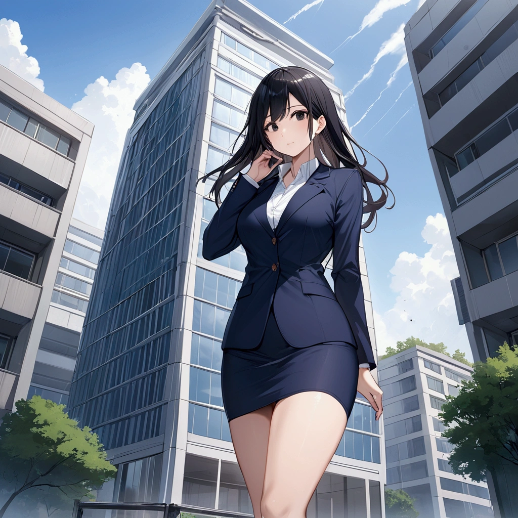 Giant Growth woman, bigger than a building, 7:3 parting, semi-long, black hair, black eyes, Navy blazer, white shirt, Navy Tight Skirt, Black High Heels
