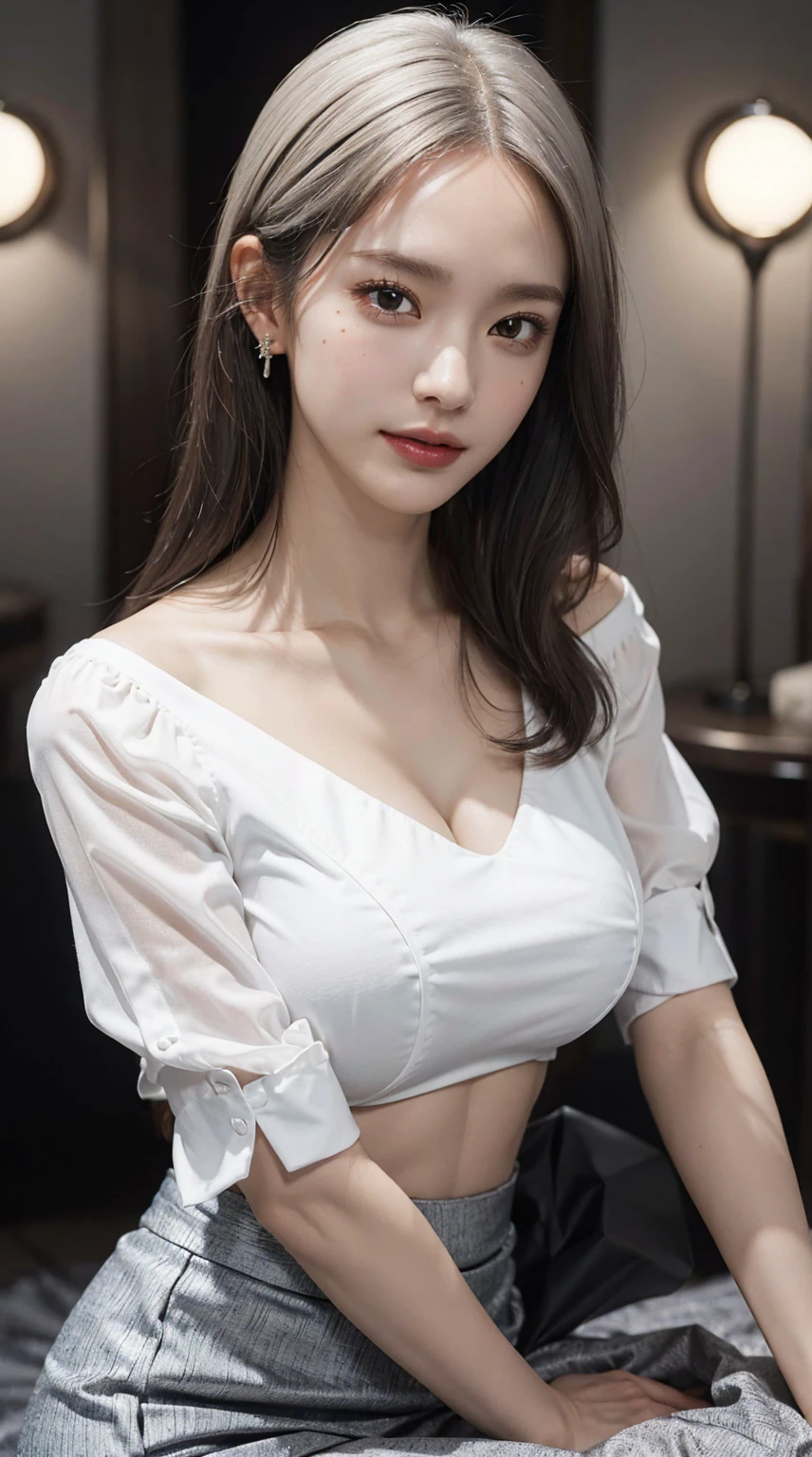 (very huge round breasts:1.5), (white bronze hair:1.4), (anatomically correct:1.3), (wide shot:1.3), (lying:1.3), (formal shirt, formal skirt:1.3), extremely delicate and beautiful, masterpiece, Best Quality, ultra high resolution, 16k, hyperrealistic, ultra-detailed, Very detailed CG 8k wallpaper, Beautiful Lighting, Perfect Lightning, Realistic Shadows, super Detailed shiny skin, perfect figure, Japanese woman, late 20s, Slim body, Slim abdomen, very small head, handsome detailed woman, very detailed eyes and face, realistic face proportions, Stunning detailed eyes, Realistic beautiful face, very small face, Realistic small beautiful eyes, double eyelids, makeup, tearful mole, mole on chest, earring, short wavy hair, cleavage, bare legs, Soft midriff, Fine Collarbone, beautiful and very thin legs, beautiful and very thin thighs, off-shoulder,