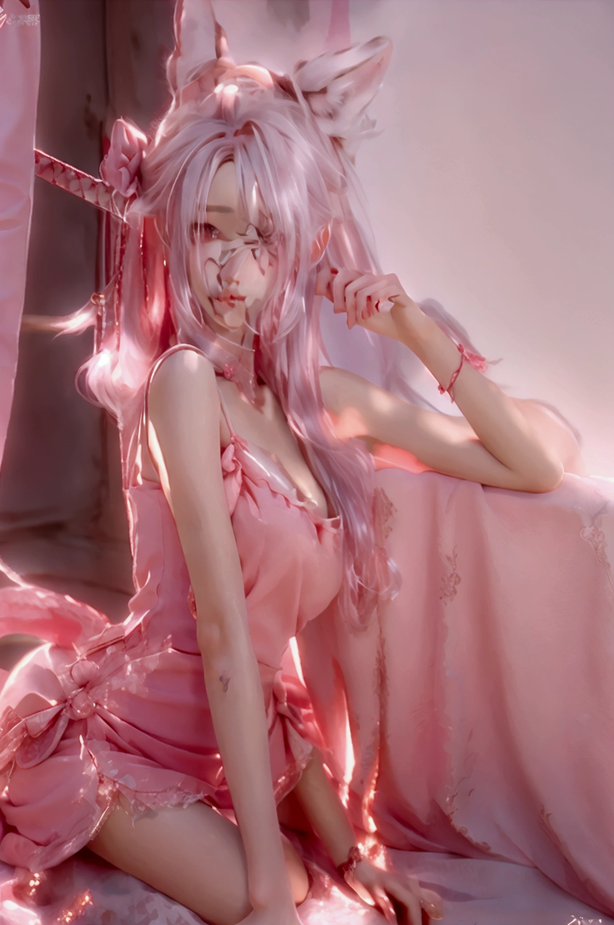 anime girl with a sword in her hand and a pink dress, cushart krenz key art feminine, trending on artstation pixiv, anime goddess, pixiv contest winner, pixiv 3dcg, guweiz on artstation pixiv, guweiz on pixiv artstation, highly detailed exquisite fanart, at pixiv