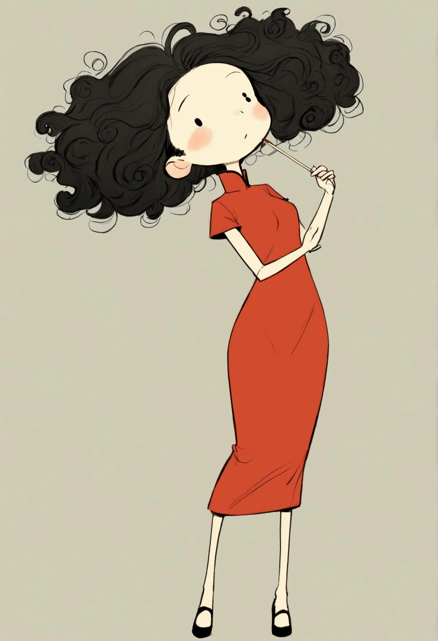(((Exaggerated digital character sketches:1.37，Matchstick Men))).(1 Girl，cheongsam，Fluffy curly hair，(Exaggerated expression,)，(Black sketch lines，Loose brushstrokes create the outline，Cartoon Style. Bright colors and simplified lines, sketch)。(Exaggerated body movements),(Large area of blank）