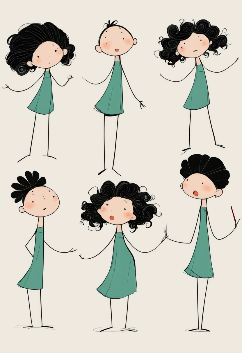 (((Exaggerated digital character sketches:1.37,Matchstick Men))).(1 Girl,cheongsam,Fluffy curly hair,(Exaggerated expression,),(Black sketch lines,Loose brushstrokes create the outline,Cartoon Style. Bright colors and simplified lines, sketch)。(Exaggerated body movements),(Large area of blank)