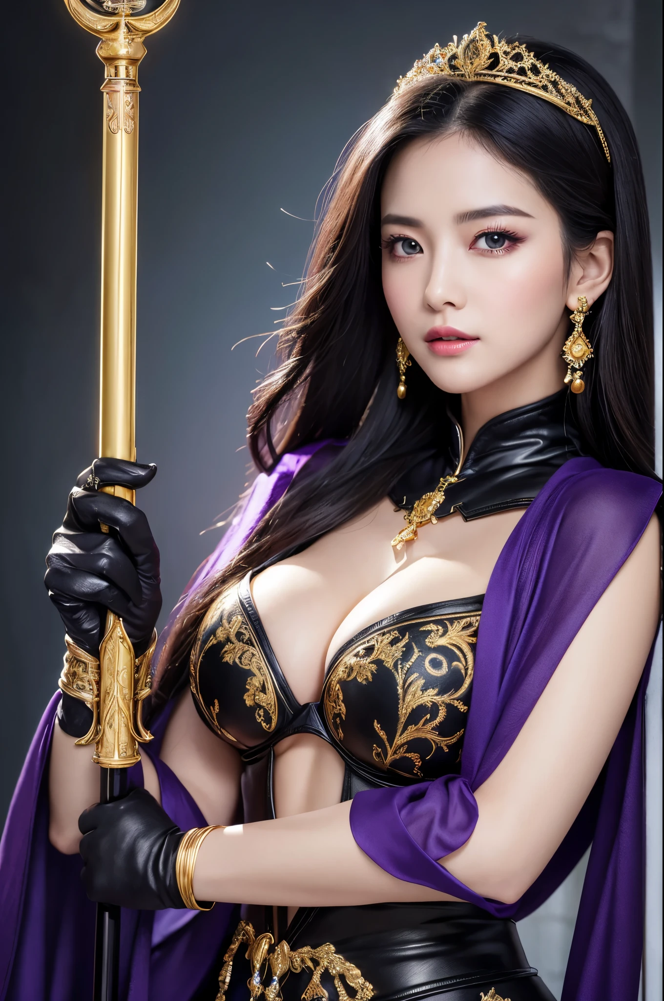 8k,Photorealistic RAW Photos Highest quality;1.4) (1 adult female) Super Beauty (A vivid face),Look at your face long blue-black hair The phantom empress with glowing purple eyes Black and silver aristocratic big breast look A black robe with a voice, Golden decoration Glare Big black and gold walking stick, Wearing black leather gloves Remains Gwaitz Style purple rouge Realistic Exact details,Beautiful expression Details of each part Ultra-high resolution 超Realistic Charm Instep Realistic Skin Fantasy Queen An inviting gaze Emphasize cleavage,Ultra-Realistic Skin,Compensate,masterpiece,Highest qualityのPhotorealisticなRAW Photos。Bright colors,Rich colors, Backlight, Cinema Lighting, Film Grain, 50mm lens, Nikon D850,Detailed character art,Fantasy art,Ultra-high resolution,Ultra-Realistic Skin,Perfect hand shape,Muscular Beauty,Dynamic fighting pose,