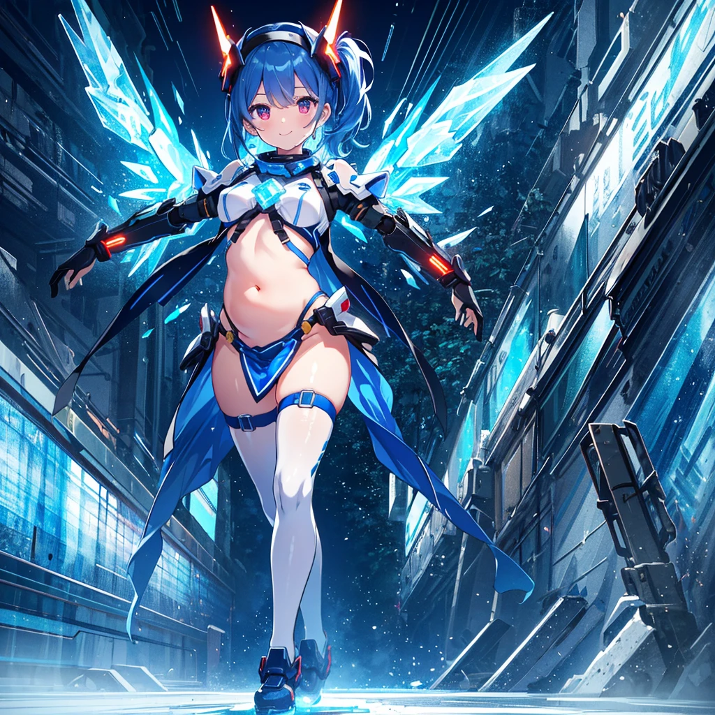 best quality, ultra detailed 8k cg render,,masterpiece, high resolution, extremely detailed,official art,science fiction, ice background,ice,(very wide shot),light and shadow,dynamic lighting,1 girl,solo,full body,attractive face ,(dancing:1.2),spread arms,looking at looking at viewer,smile,blue hair,side ponytail,black hairred eyes, long eyelashes,red eyes,straight eyeliner,tiny girl,see-through dress, glowing, glow white,mecha musume, headgear,(highly detailed full blue armor),a heavy mech with massive and strong design,((belly button visible, wide skin area,nsfw)),