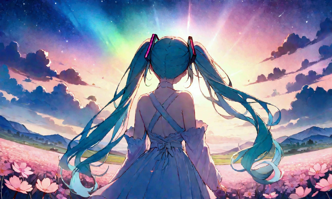 (masterpiece、Highest quality、Highest quality、Official Art、beautiful, beautiful:1.2)、(1 girl:1.3)hatsune miku、Twin tails,big,(High resolution、Very detailed、Hmph、movie、Cherry Blossom Gardenに立つ女の子、Cherry Blossom Garden、Cherry blossom petal splash art、Ultra Detailed Fields、beautiful white starry sky、Aurora、Light blue、Blanche、Nebula in the sky、watercolor、Pastel colored sun、rainbow、Natural scenery,Back view,