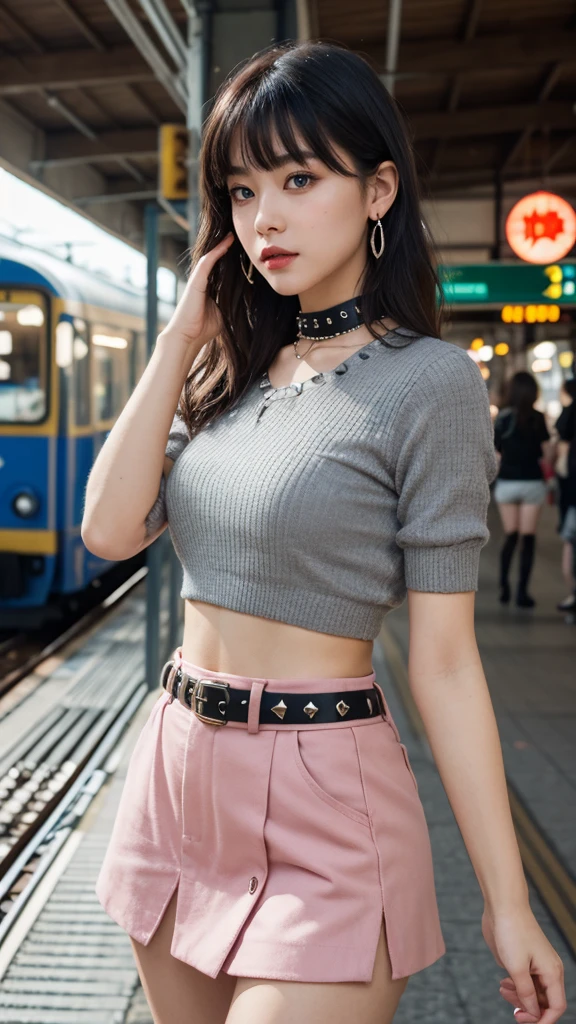 (Ultra-detailed eyes), (((textile shading))), (((Best Quality))), (((masterpiece))), (((Ultra realistic))), fat, sassy girl, street girl, black short hair with bangs, Emo Pin up Girl, pink bow top, mini skirt, ribbed hand warmers, chocker, studded checker belt, bat earrings y2k edition, black and pink outfit colors, Striking a pose, natural make up, skinny fat innocent, in a haunted rail station, heavenly, midshot, centered image, good girl, innocent girl, front look
