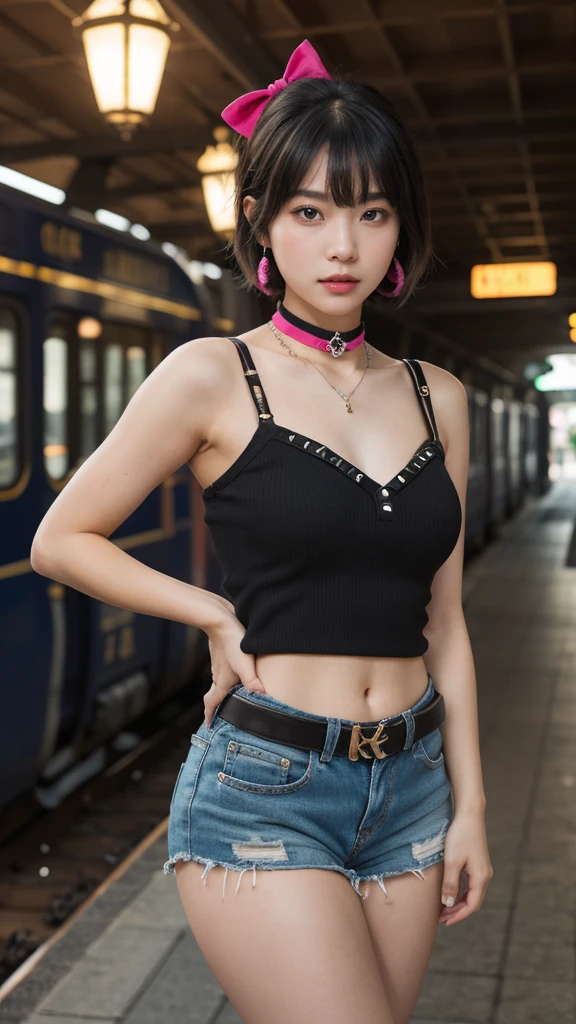 (Ultra-detailed eyes), (((textile shading))), (((Best Quality))), (((masterpiece))), (((Ultra realistic))), fat, sassy girl, street girl, black short hair with bangs, Emo Pin up Girl, pink bow top, mini skirt, ribbed hand warmers, chocker, studded checker belt, bat earrings y2k edition, black and pink outfit colors, Striking a pose, natural make up, skinny fat innocent, in a haunted rail station, heavenly, midshot, centered image, good girl, innocent girl, front look