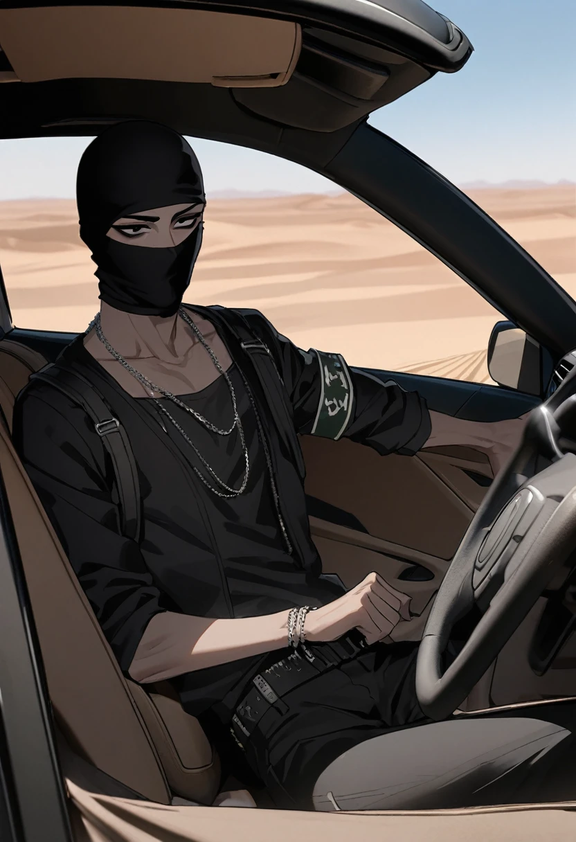 Male arab modern terrorist, terrorist, black balaclava, black armband, black clothes, thin waist, skinny body, a femboy, bright skin, draw up, black eyeliner, big eyelashes, black eye shadow, metal necklace, fair tanned skin, Inside the car, desert, Black jacket