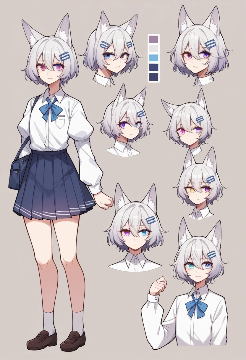 (masterpiece, best quality:1.2)((silver white hair))((heterochromia blue and violet eyes)),solo,1girl,((eyes tilted outwards)), mature_female, milf, animal_ears,averting_eyes,standing_fox_ears,fluffy_fox_tail,hair_between_eyes,basic_blue_hairpin,short_hair, bob_hair, casual_clothing, puffy_sleeves, wide_sleeves, girly_clothes, pleated_skirt, ((set of reference images))