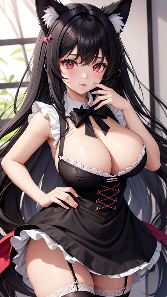 neko black woman, wearing a black maid outfit with bows showing the panties, She has black hair with long messy fuzzy pink bows, has dark red eyes, has a big breast, has neko ears and a neko tail.