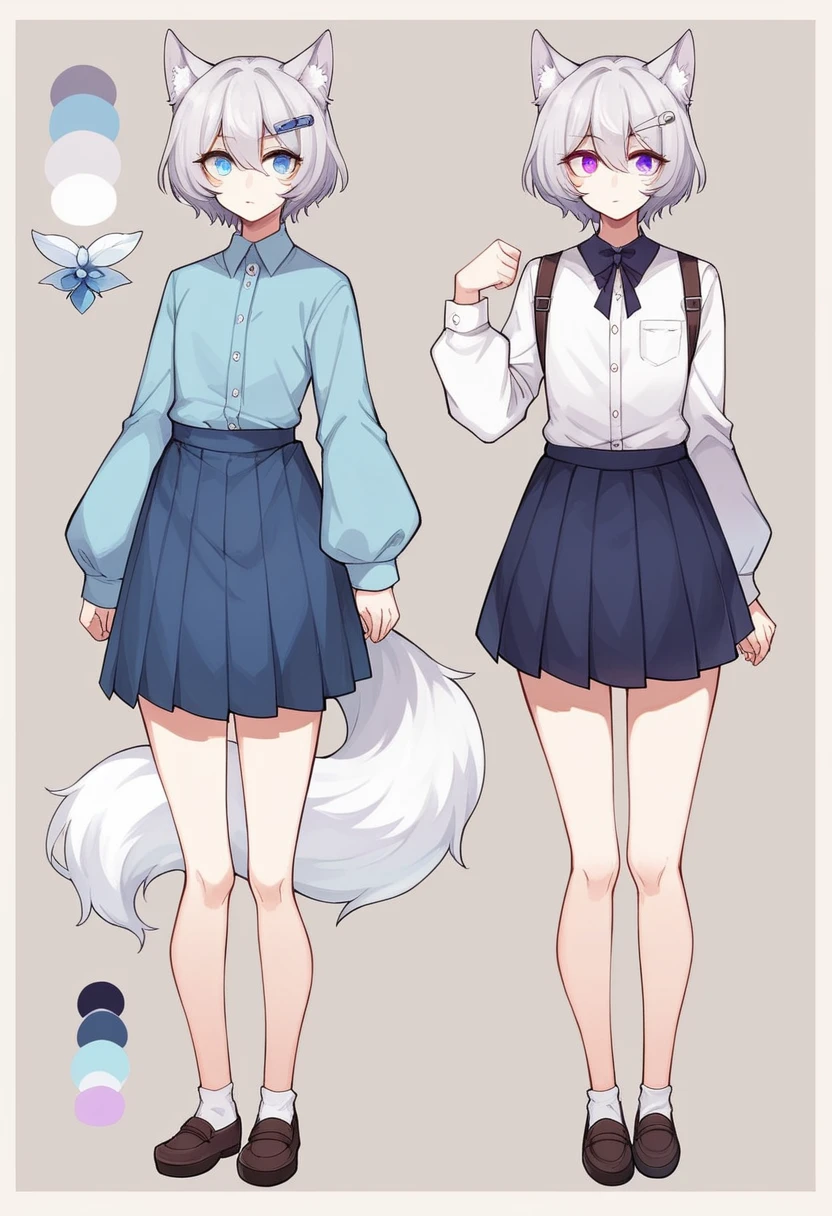 (masterpiece, best quality:1.2)((silver white hair))((heterochromia blue and violet eyes)),solo,1girl,((eyes tilted outwards)), mature_female, milf, animal_ears,averting_eyes,standing_fox_ears,fluffy_fox_tail,hair_between_eyes,basic_blue_hairpin,short_hair, bob_hair, casual_clothing, puffy_sleeves, wide_sleeves, girly_clothes, pleated_skirt, ((set of reference images))