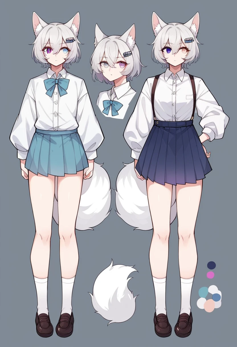 (masterpiece, best quality:1.2)((silver white hair))((heterochromia blue and violet eyes)),solo,1girl,((eyes tilted outwards)), mature_female, milf, animal_ears,averting_eyes,standing_fox_ears,fluffy_fox_tail,hair_between_eyes,basic_blue_hairpin,short_hair, bob_hair, casual_clothing, puffy_sleeves, wide_sleeves, girly_clothes, pleated_skirt, ((set of reference images))